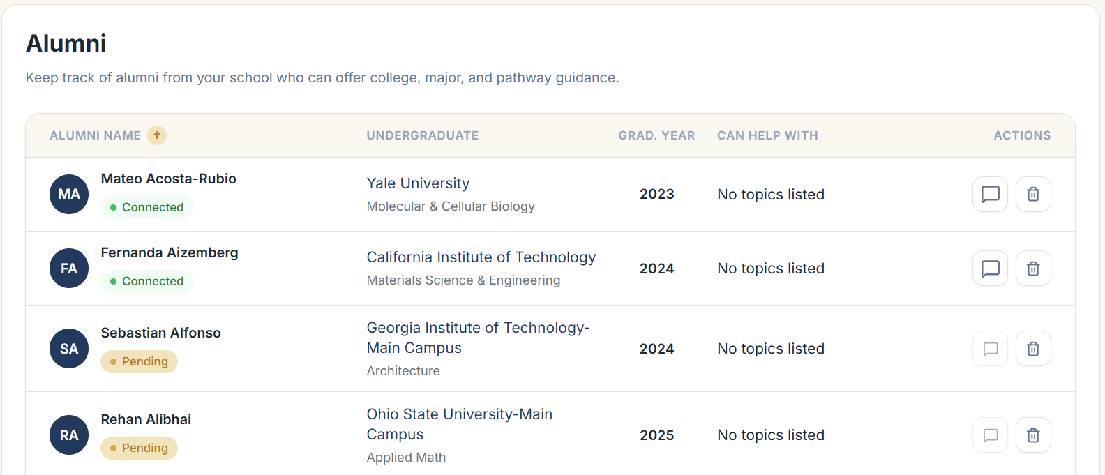 Alumni management view showing connected and pending alumni