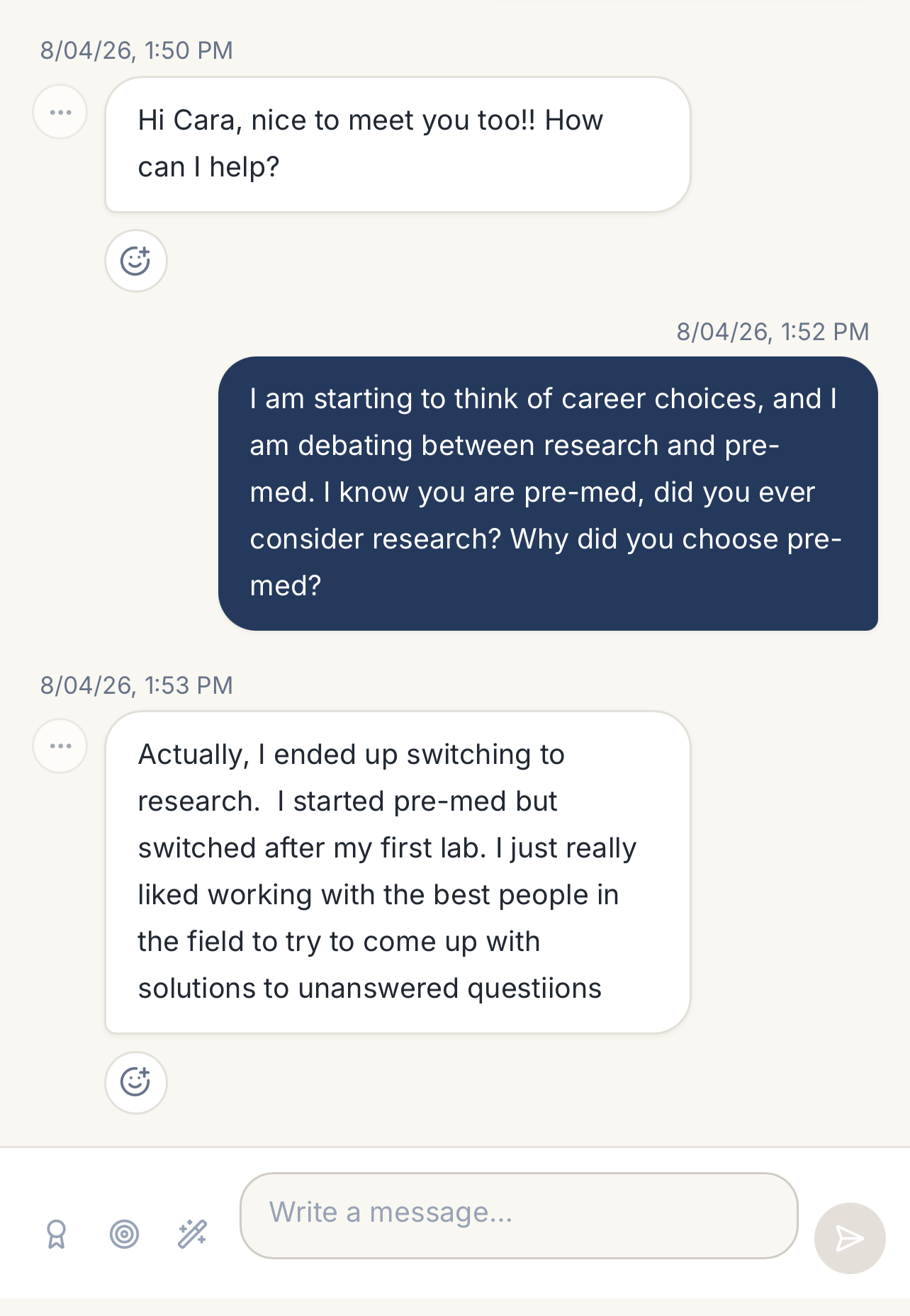 Student and alumni chat conversation